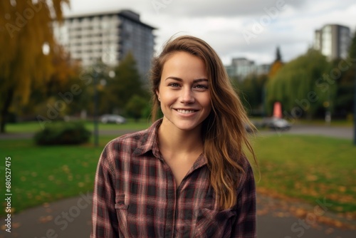 Portrait of a smiling woman in her 20s wearing a comfy flannel shirt against a vibrant city park. AI Generation