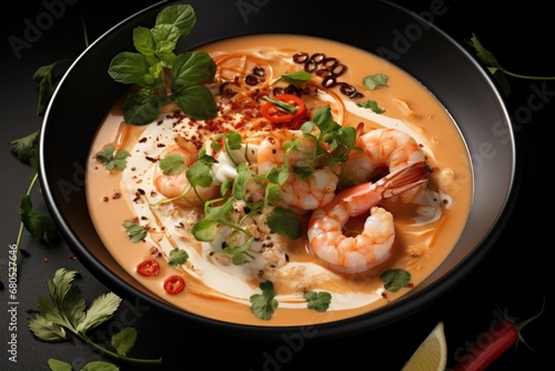 Tom Yum Peeled shrimp with cream soup Thailand Menu creations, Top view.