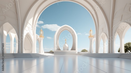 Pure white and gold minimalist hermetic dome architecture.