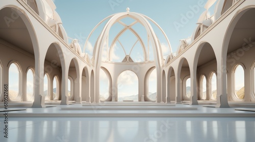 Pure white and gold minimalist hermetic dome architecture. photo