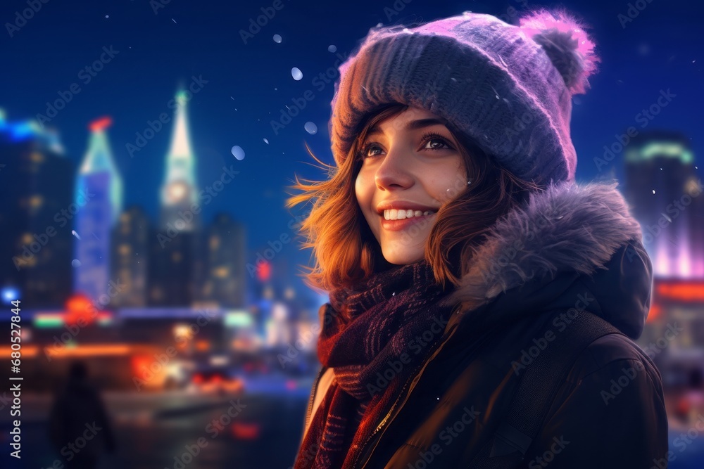 Portrait of a happy woman in her 50s dressed in a warm ski hat against a glittering city nightlife. AI Generation Portrait of a happy woman in her 50s dressed in a warm ski hat against a glittering city nightlife. AI Generation
