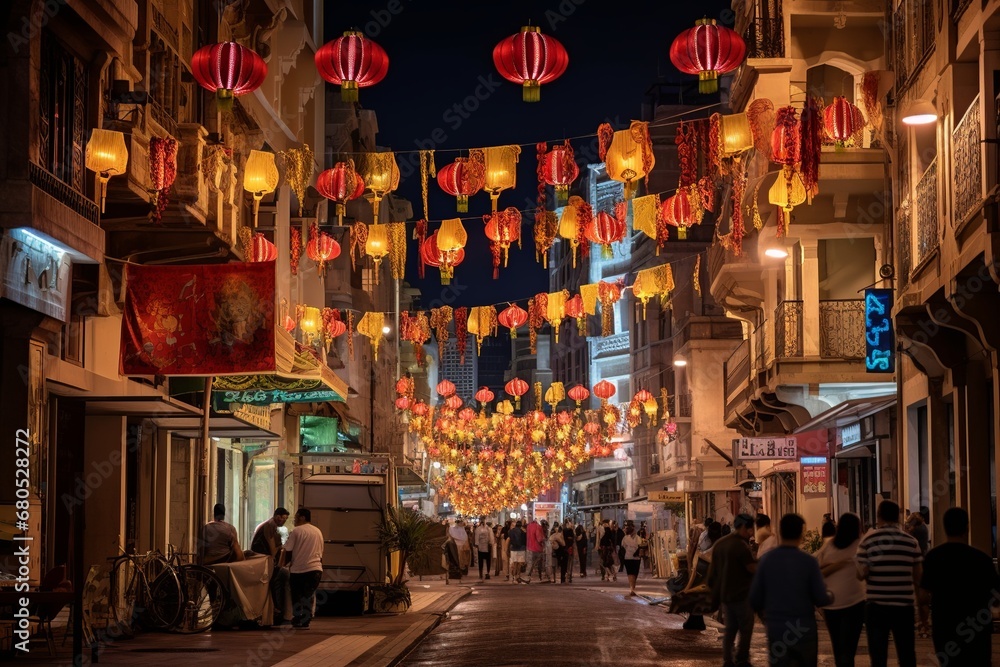 Fototapeta premium Ramadan Street Festivity: Lanterns, Lights, and Community