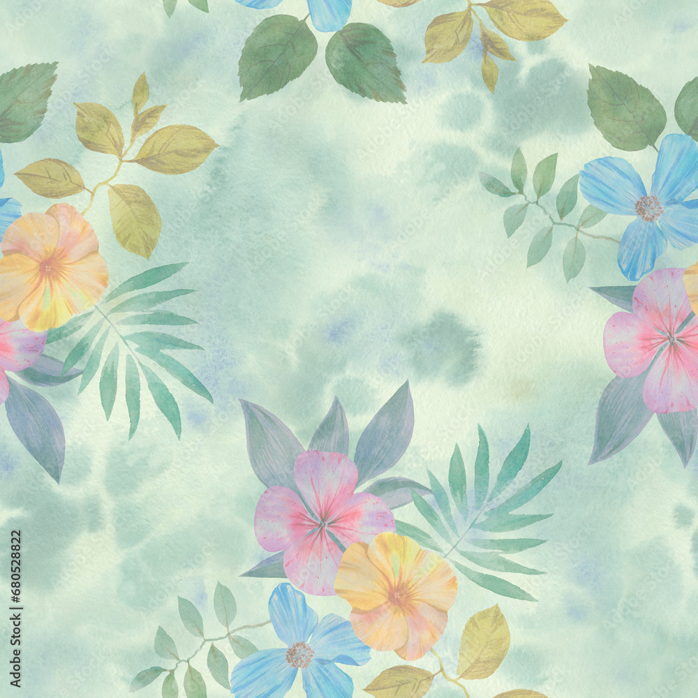 Obraz premium seamless botanical pattern, watercolor flowers with leaves on an abstract background