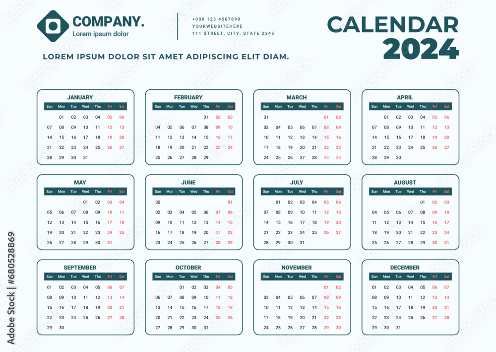 Monthly calendar template for the 2024 year, 12 months, minimalist style, one-page calendar Monthly calendar template for the 2024 year, 12 months, minimalist style, one-page calendar