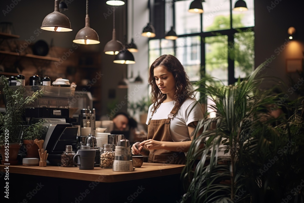 Confident Tattoed Barista in Cozy Coffee Shop Confident Tattoed Barista in Cozy Coffee Shop