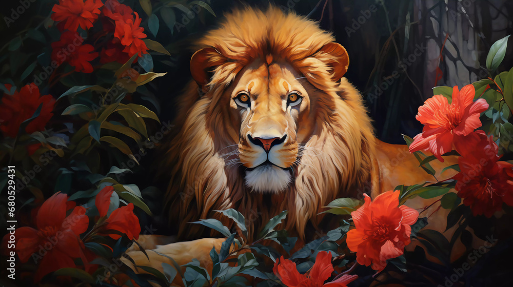 Illustration of an oil painting portrait of a male lion among roses and palm leaves