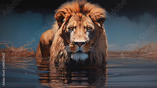 Illustration of an oil painting portrait of a male lion among roses and palm leaves