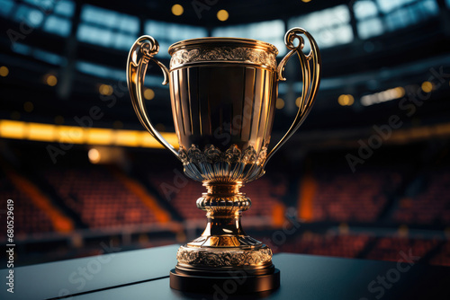 Golden cup of the winner on the background of the stadium