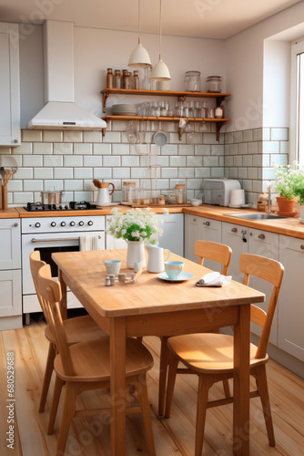 Interior of a small Scandinavian kitchen with a wooden table