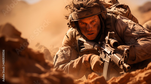 Portrait of a soldier at war in the desert. generated with ai photo