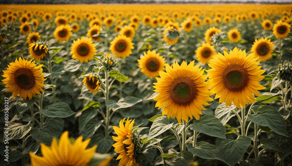 A scene of serene perfection unfolds in an idyllic sunflower field, where rows of towering yellow blooms stand as nature's testament to beauty and tranquility - AI Generative
