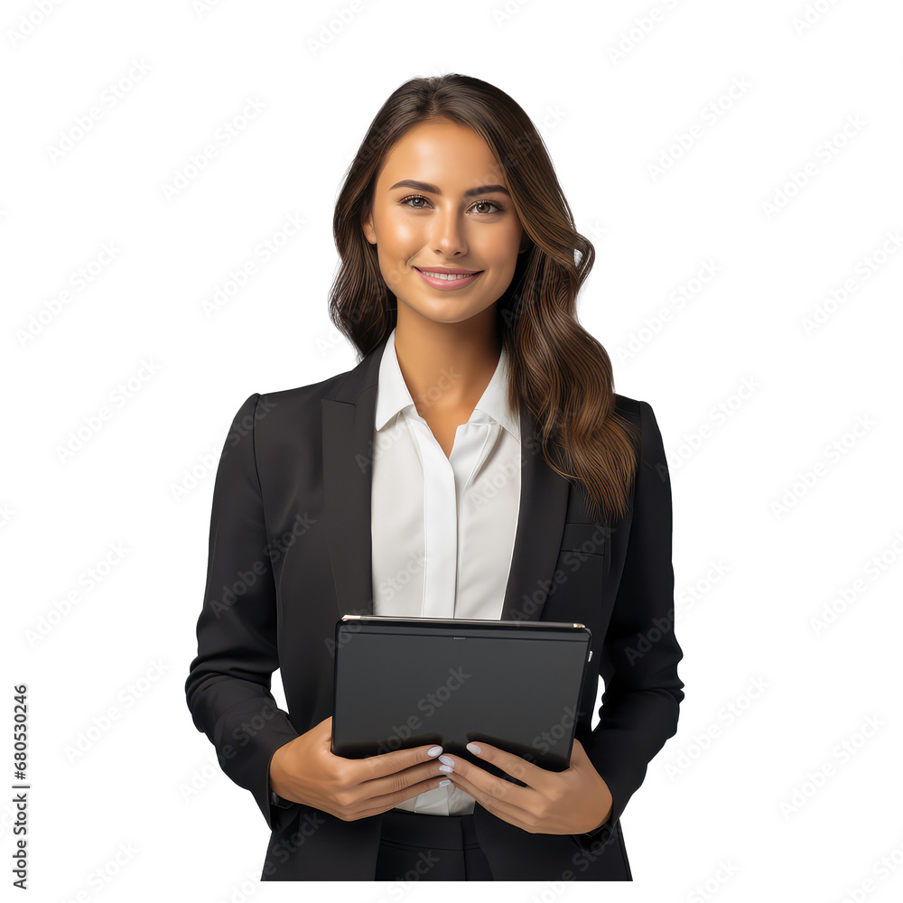 smiling business woman standing,she is holding up a tablet smiling business woman standing,she is holding up a tablet