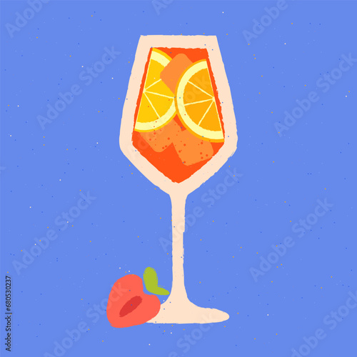 Orange drink with citrus fruit. Aperol Spritz in glass. Orange alcoholic soft liquid with strawberries. Vector flat illustration with texture. Cocktail in glass on a stem