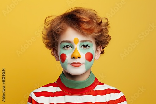 A small child with bright makeup on his face and a playful, artistic expression, personifying the spirit of a carnival or holiday. photo