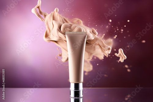 Liquid foundation tube from recycled plastic with cream splashes and drops against violet background. Cosmetic product mock up for presentation, modern advertising with copy space for text