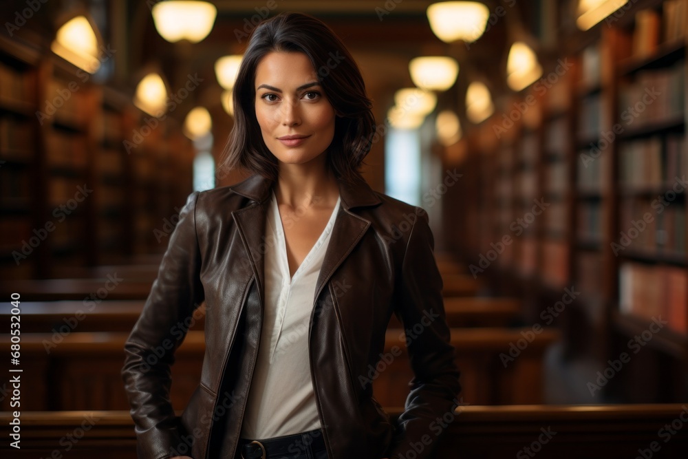 Portrait of a glad woman in her 40s sporting a stylish leather blazer against a classic library interior. AI Generation Portrait of a glad woman in her 40s sporting a stylish leather blazer against a classic library interior. AI Generation