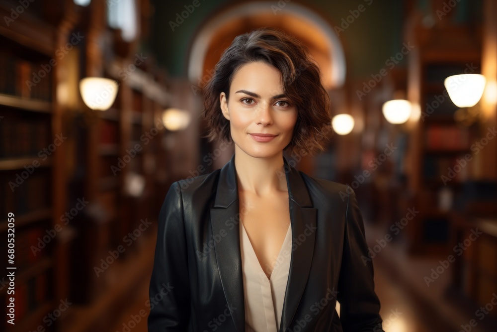 Portrait of a glad woman in her 40s sporting a stylish leather blazer against a classic library interior. AI Generation Portrait of a glad woman in her 40s sporting a stylish leather blazer against a classic library interior. AI Generation