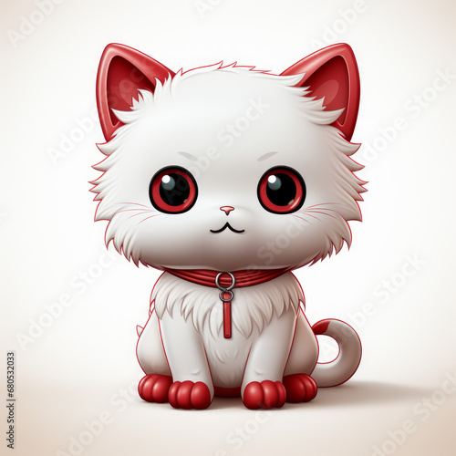 Funny cheerful drawn kitten in red and white colors.