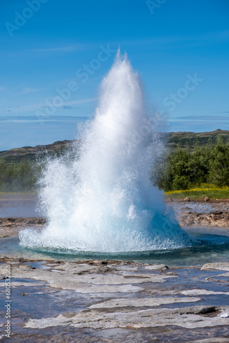 Strokkur is Iceland’s most visited active geyser. One of the three major attractions on the world-famous Golden Circle sightseeing route - Haukadalur valley, Iceland, Europe