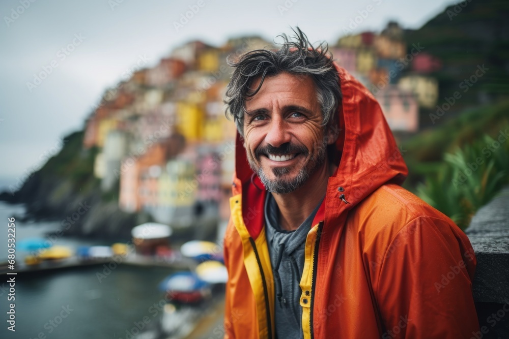 Portrait of a happy man in his 40s wearing a vibrant raincoat against a picturesque seaside village. AI Generation Portrait of a happy man in his 40s wearing a vibrant raincoat against a picturesque seaside village. AI Generation