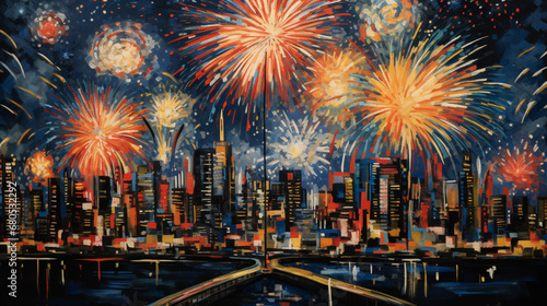 An expressionist portrayal of a bustling fireworks enveloped  radiating the intense emotion of melancholy.
