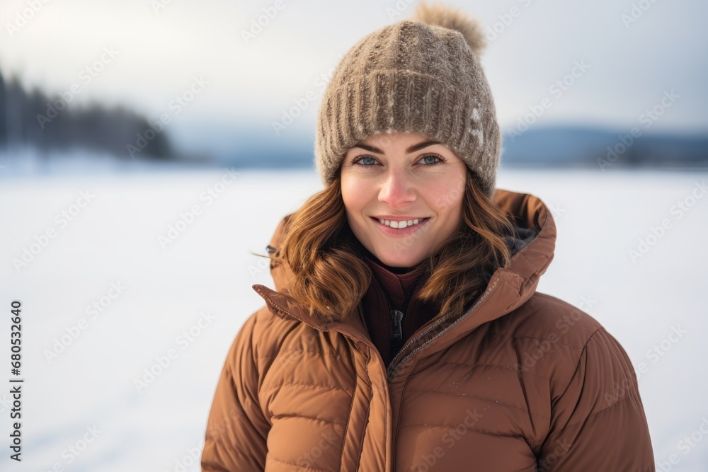 Portrait of a grinning woman in her 30s sporting a quilted insulated jacket against a backdrop of a frozen winter lake. AI Generation Portrait of a grinning woman in her 30s sporting a quilted insulated jacket against a backdrop of a frozen winter lake. AI Generation