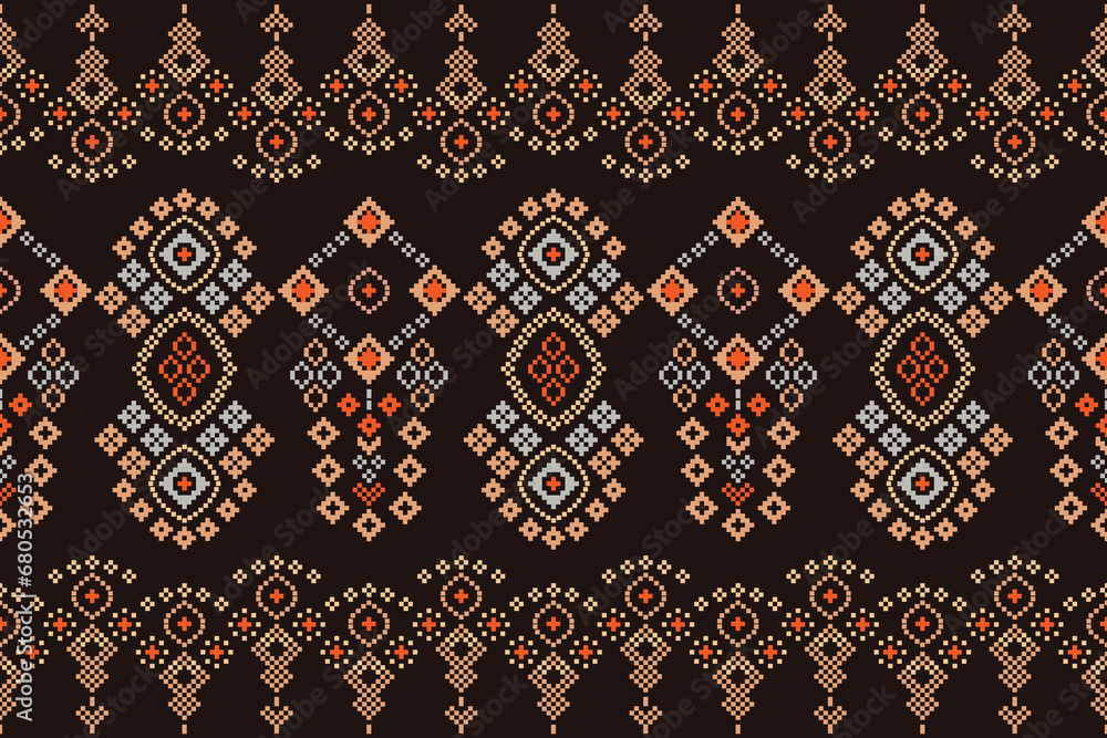 Ethnic geometric fabric pattern Cross Stitch.Ikat embroidery Ethnic oriental Pixel pattern brown background. Abstract,vector,illustration. Texture,clothing,frame,decoration,motifs,silk wallpaper.