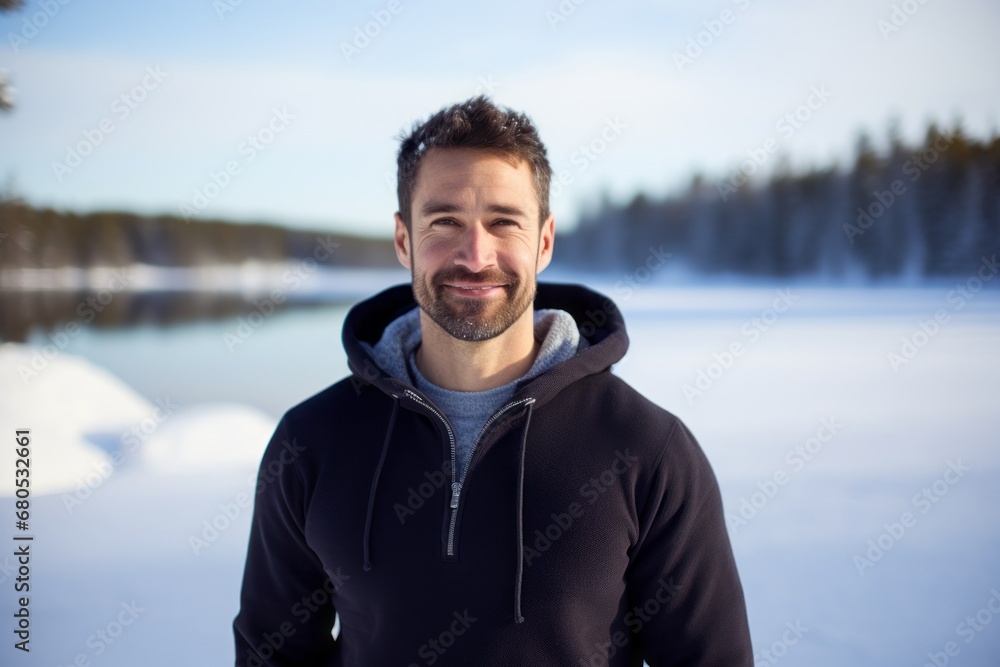 Portrait of a grinning man in his 30s dressed in a casual t-shirt against a backdrop of a frozen winter lake. AI Generation Portrait of a grinning man in his 30s dressed in a casual t-shirt against a backdrop of a frozen winter lake. AI Generation