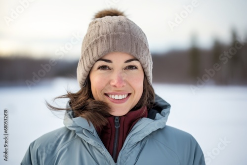 Portrait of a grinning woman in her 30s sporting a quilted insulated jacket against a backdrop of a frozen winter lake. AI Generation