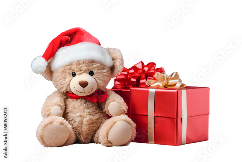Teddy bear with christmas gift on white