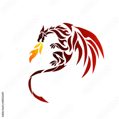 graphic vector illustration of tribal art design flying dragon spitting fire photo