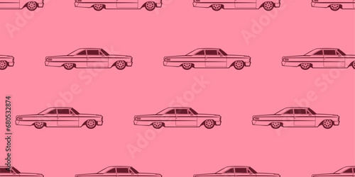 Retro car wallpaper. Pink background and old car from the 60s.