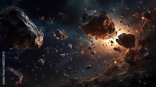Meteorite and asteroid field in Artificial Intelligence for sci fi or space exploration backgrounds