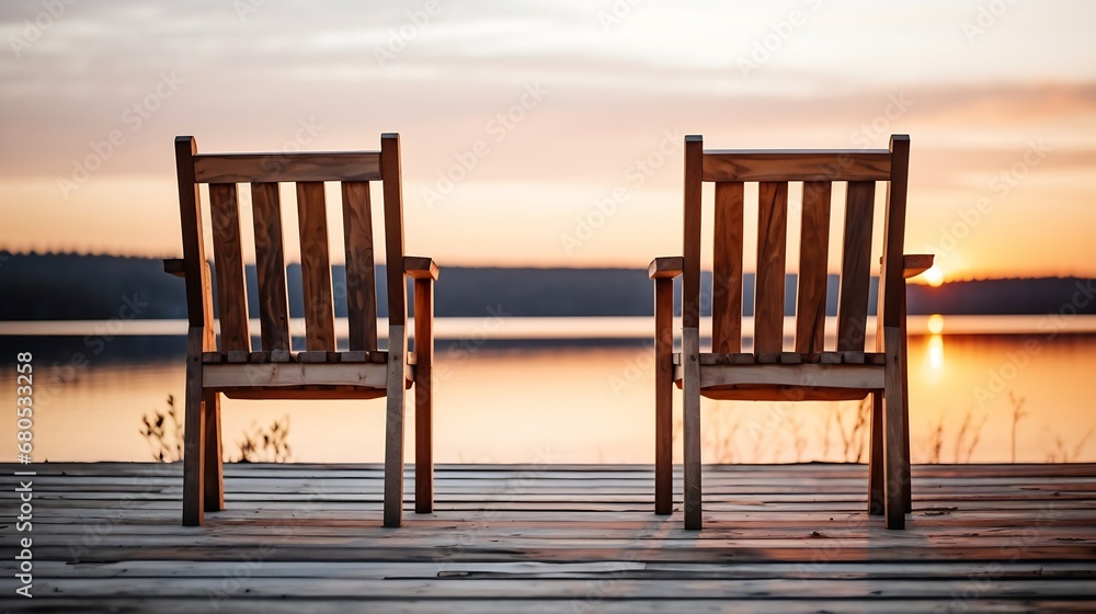 Generative AI : Two wooden chairs on a wood pier overlooking a lake at sunset - obrazy, fototapety, plakaty 