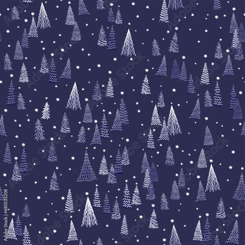 Christmas and New Year seamless pattern. Fairy tale mountain night forest, stars, snowflakes, fir tree and spruce