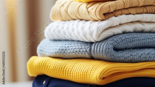 Generative AI : A stack of cozy knitted autumn-winter sweaters in yellow, white, blue colors.