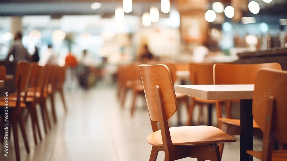Generative AI : Blur bokeh background of interior table and chair in mall canteen.