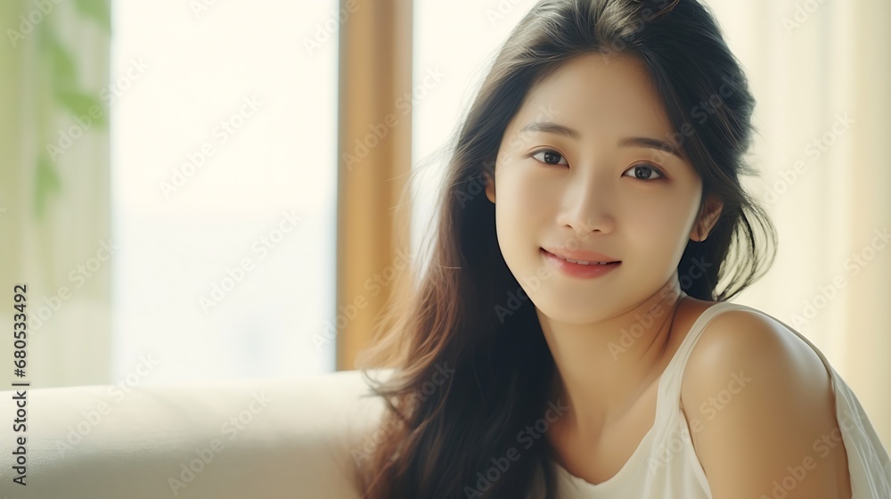 Generative AI : female girl sit smile look outside window feeling relax comfort at cozy home houseplant. Generative AI : female girl sit smile look outside window feeling relax comfort at cozy home houseplant.