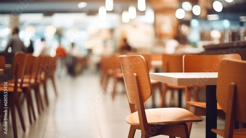 Generative AI : Blur bokeh background of interior table and chair in mall canteen. photo