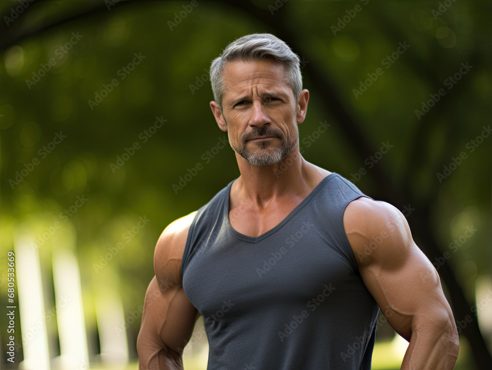 In a park setting, a middle-aged ideal man, slightly muscular and American, against a neutral background. In a park setting, a middle-aged ideal man, slightly muscular and American, against a neutral background.