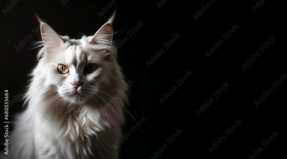 a white fluffy cat on a black background, a pet. artificial intelligence generator, AI, neural network image. background for the design.