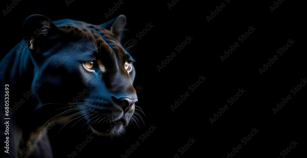 a cougar on a black background, a wild feline animal. artificial intelligence generator, AI, neural network image. background for the design.