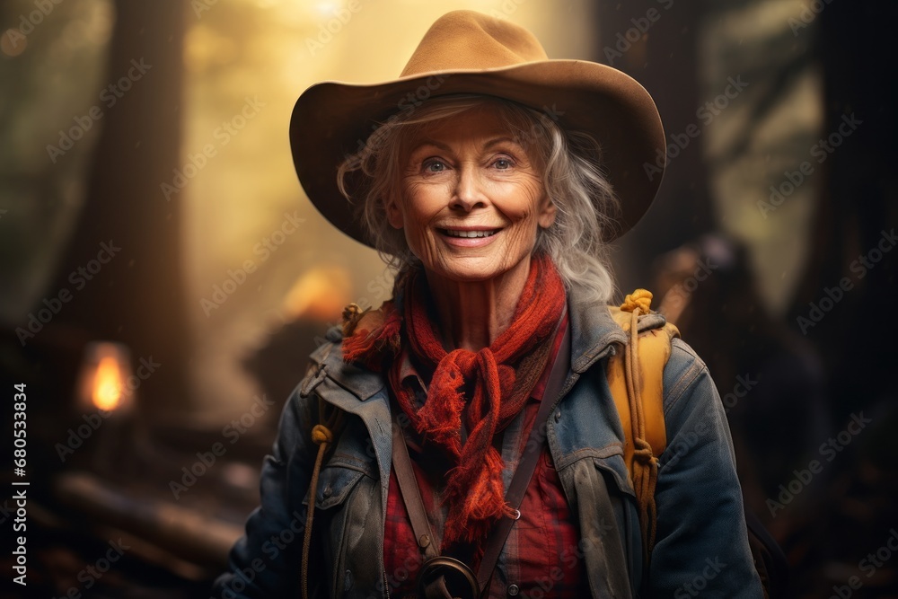 Portrait of a cheerful woman in her 80s wearing a rugged cowboy hat against a backdrop of a mystical forest. AI Generation Portrait of a cheerful woman in her 80s wearing a rugged cowboy hat against a backdrop of a mystical forest. AI Generation