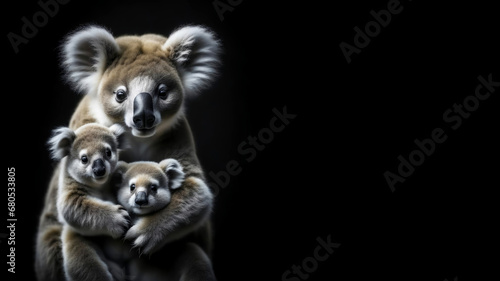 a grey koala on a black background, a wild Australian animal. artificial intelligence generator, AI, neural network image. background for the design.