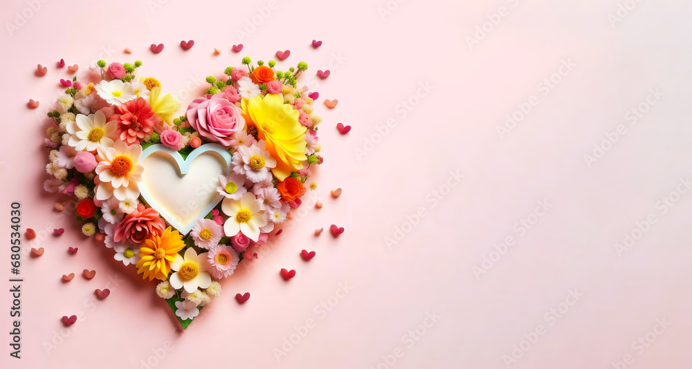 a heart of flowers on a pink background. Valentine's Day, love, February 14. artificial intelligence generator, AI, neural network image. background for the design.