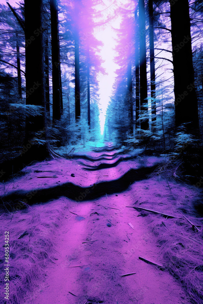 Fototapeta premium Enchanted Twilight Forest Path, Weird Mixed Medias VHS art