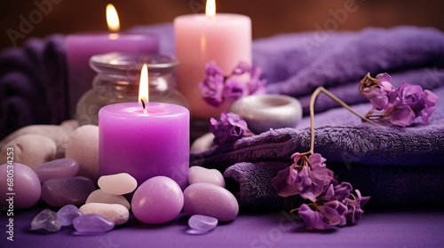 Generative AI : Candles, sea stones and towels, lilac background.
