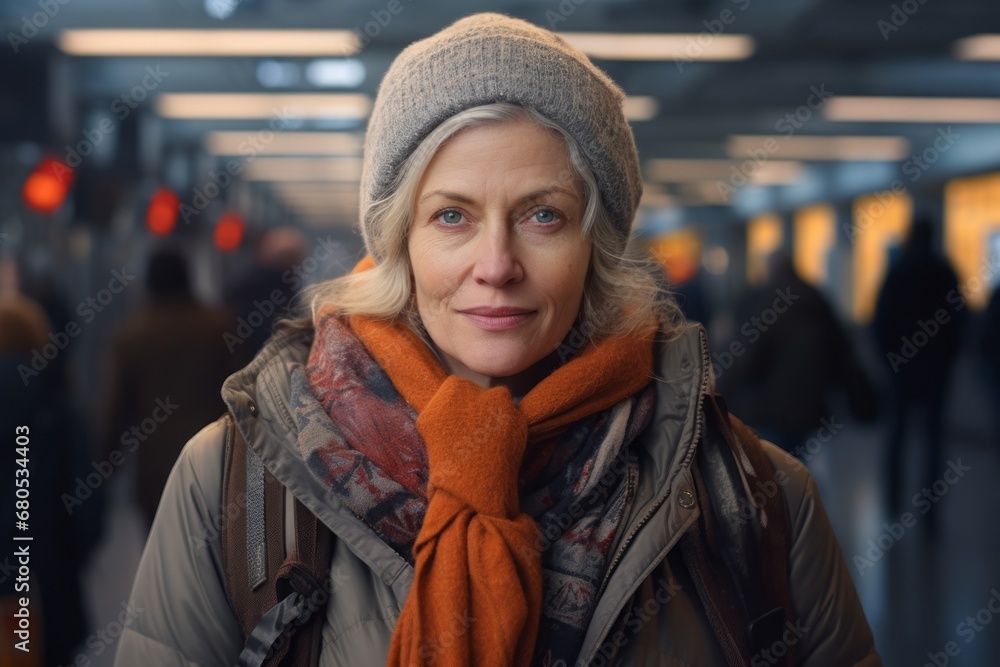 Portrait of a content woman in her 50s wearing a warm parka against a bustling airport terminal. AI Generation Portrait of a content woman in her 50s wearing a warm parka against a bustling airport terminal. AI Generation
