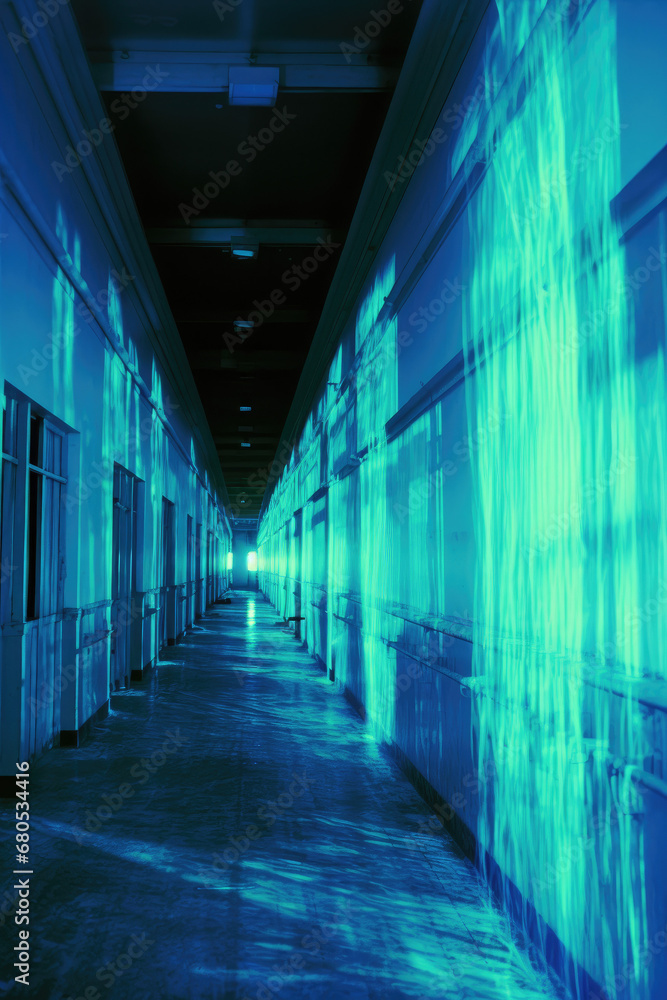 Haunted Hospital Hallway at Night, Weird Mixed Medias VHS art