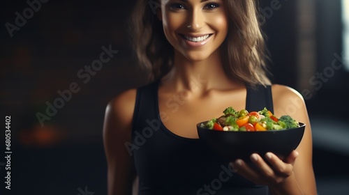 Generative AI : attractive woman hold salad bowl and look at camera.